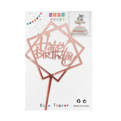 Топер для торту рожеве золото "Happy Birthday ромб",15*10 см top27-9p фото