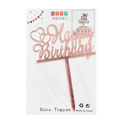 Топер для торту рожеве золото "Happy Birthday сердця",15*10 см top27-7p фото