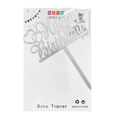 Топер для торту срібло "Happy Birthday серця",15*10 см top27-7s фото