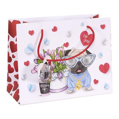 Подарочный пакет "Мопс с сердцами" 23х18х10 см (1 штука) GB22-231810-22 фото
