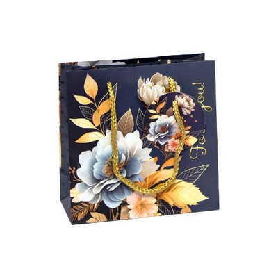 Подарочный пакет "For you цветы с золотыми листочками" 16х16х7см GB23114 фото