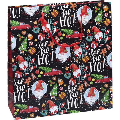Подарочный пакет "Новогодняя фольга,Деды Морозы на чёрном фоне" 35х37х12 см (1 штука) GB23151 фото
