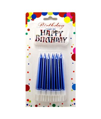 Свічки для торту Великі товсті Синій металік + Напис Happy Birthday (12 шт) JY-1058blue фото