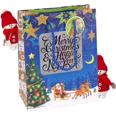 Подарунковий пакет "Merry christmas happy new year - новорічний синій фон" 18х23х10 см (1 штука) GB-21277 фото
