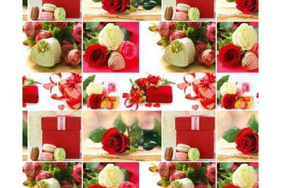 Пакувальний подарунковий папір "Червоні подарунки троянди + macarons" papir-40 фото