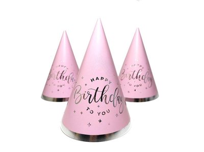 Святковий ковпак "Happy Birthday срібло на рожевому"(10 шт/уп) 9980 фото