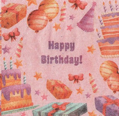 Серветки "Happy Birthday рожевий фон подарунки" (33х33) (20 штук) 5653 фото