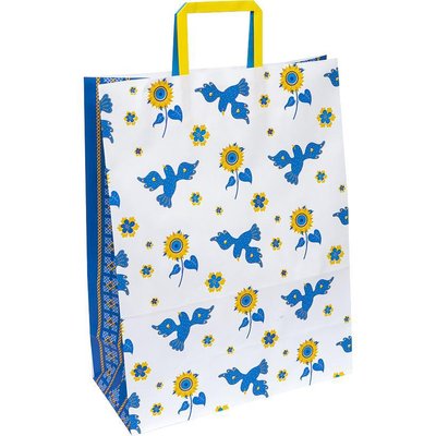 Подарунковий пакет "Українські синьо-жовті квіти КРАФТ білий" 32х15х42 см (1 штука) GB324215-37 фото