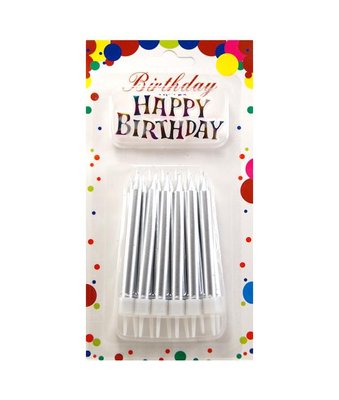 Свечи для торта Большие толстые Серебро металлик + Надпись Happy Birthday (12 шт) JY-1058silver фото