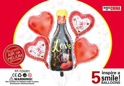 Набір кульок фольгованих Шампанське Червоне 5 шт (Китай) (в індив. упаковці) FF-TAZ001 фото