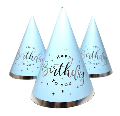 Святковий ковпак "Happy Birthday срібло на Блакитному"(10 шт/уп) 7897 фото