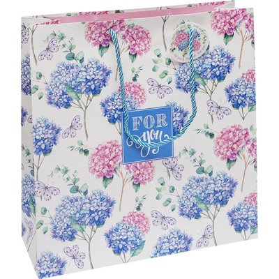 Подарочный пакет "Сине-розовые цветы на белом" 35х37х12 см (1 штука) GB21393 фото